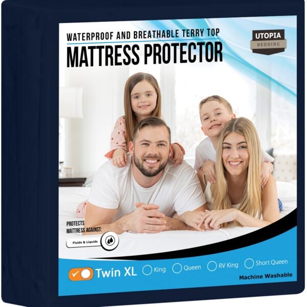 Utopia Bedding Waterproof Mattress Protector Twin XL Size, Premium Terry Mattress Cover 200 GSM, Breathable, Fitted Style with Stretchable Pockets (Navy)